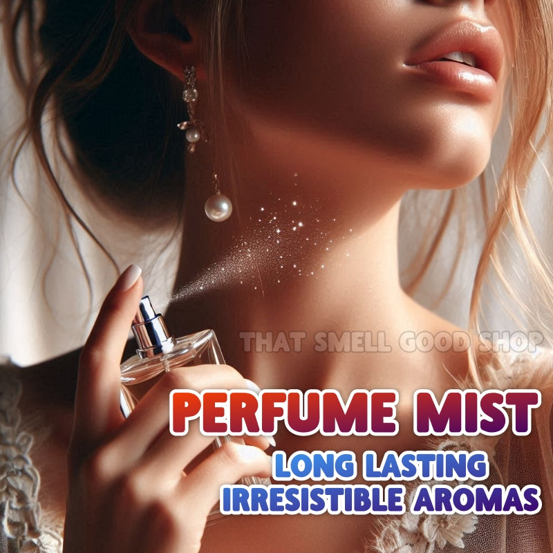 Woman spraying perfume mist on her neck, with text promoting long-lasting fragrance.